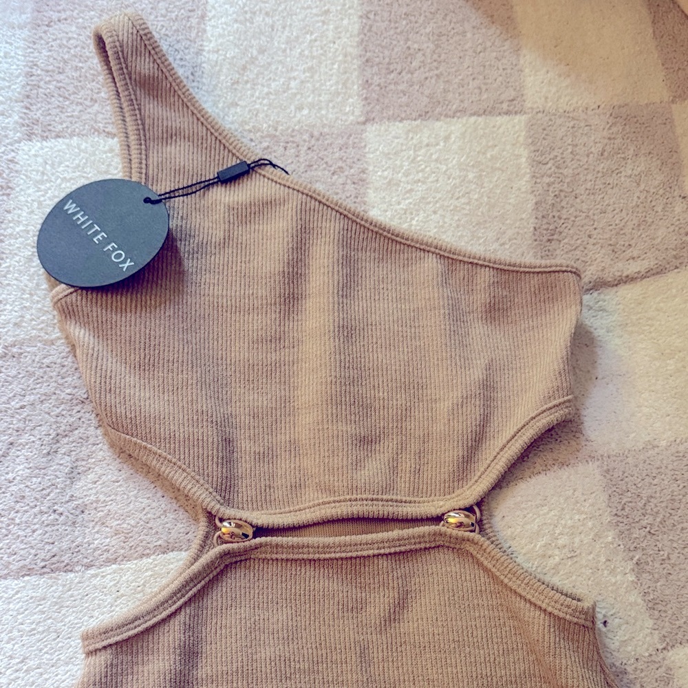 White Fox Tan One-Shoulder Cut-Out Mini Dress With Gold Detail